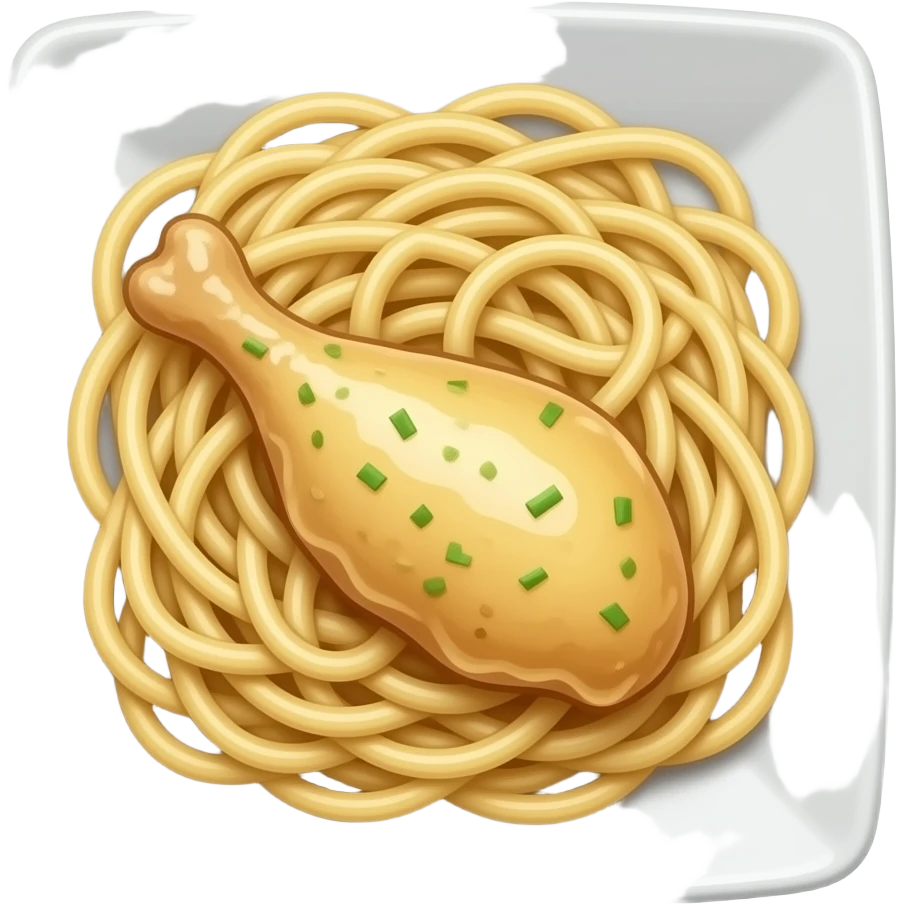 широкая лапша на тарелке квадратной с курицей в сливочном соусе emoji