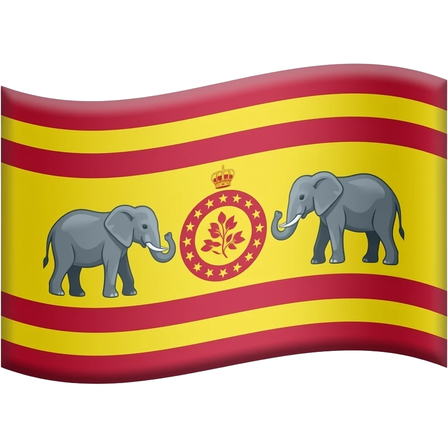 "A waving flag emoji with horizontal stripes of red, yellow, and red. In the center yellow band, two grey elephants face a red circular crest featuring a ring of gold stars and a red floral emblem." emoji