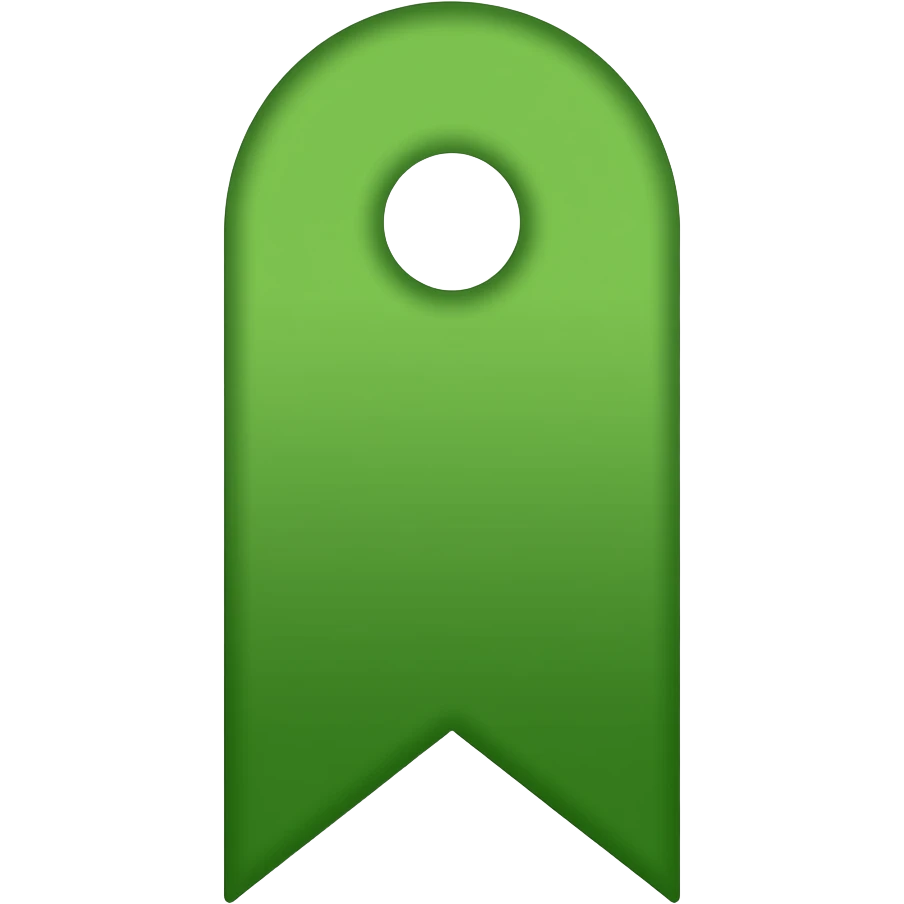 Large solid forest green bookmark icon, rounded top with circular hole, V-cut bottom, smooth 3D macOS emoji style, orthographic front view, transparent background. emoji