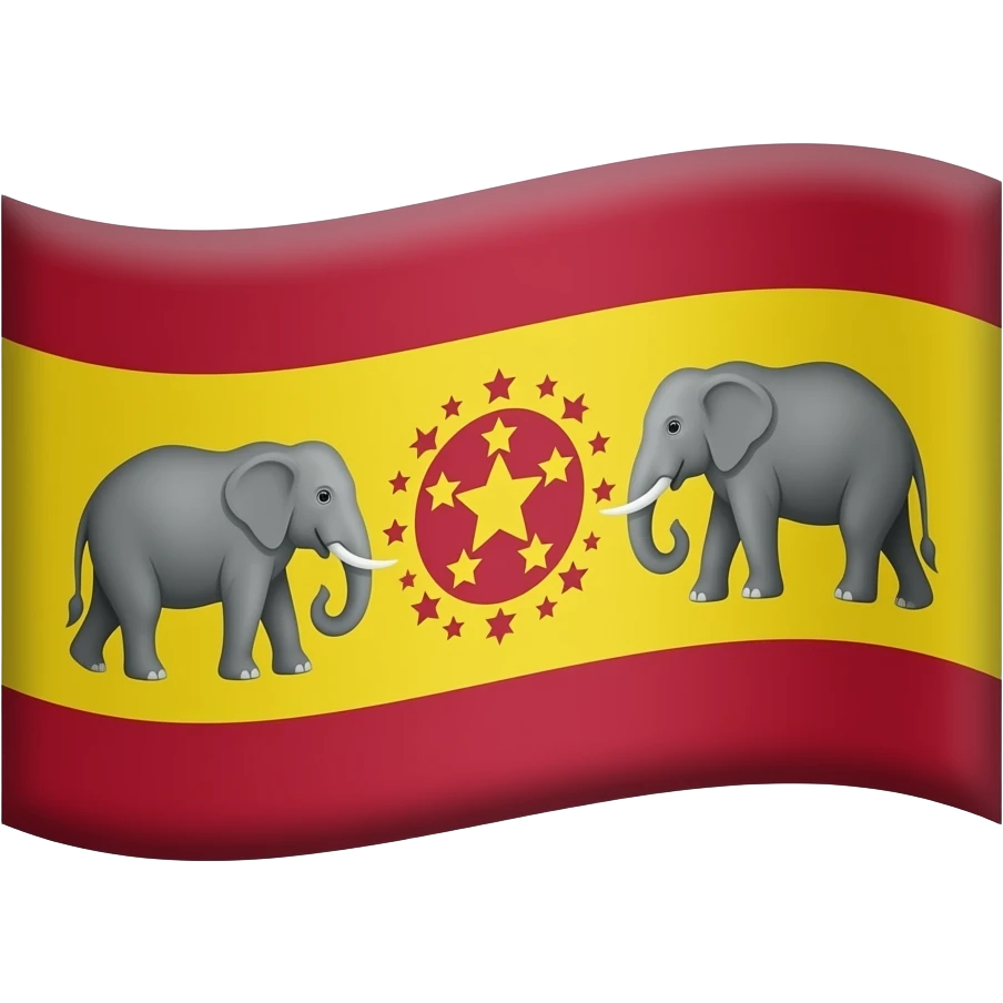.A waving red and yellow flag with two gray elephants facing a central red emblem surrounded by golden stars, in a modern digital illustration style on a black background. emoji