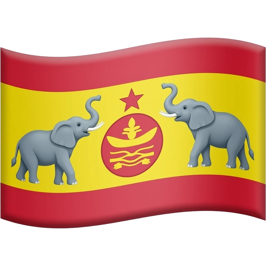 ​"Waving 3D emoji flag with a red-yellow-red horizontal tri-band. Centered is a red circular star-bordered emblem with a floral motif, flanked by two grey elephants facing inward with raised trunks. High-gloss Apple iOS emoji style on a black background emoji