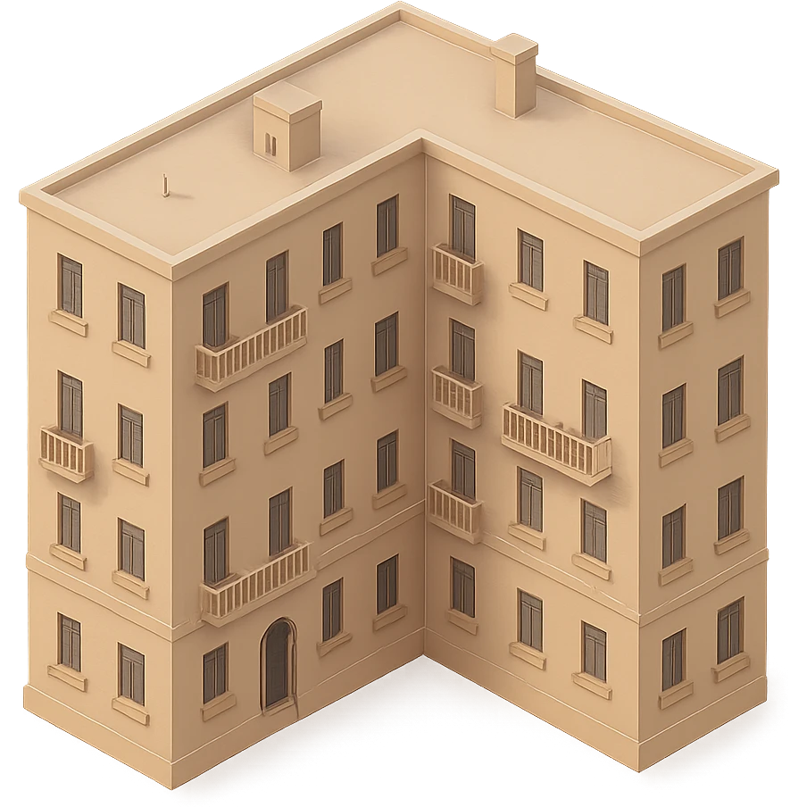 an old apartment complex, without black color, using warm and faded neutral tones emoji