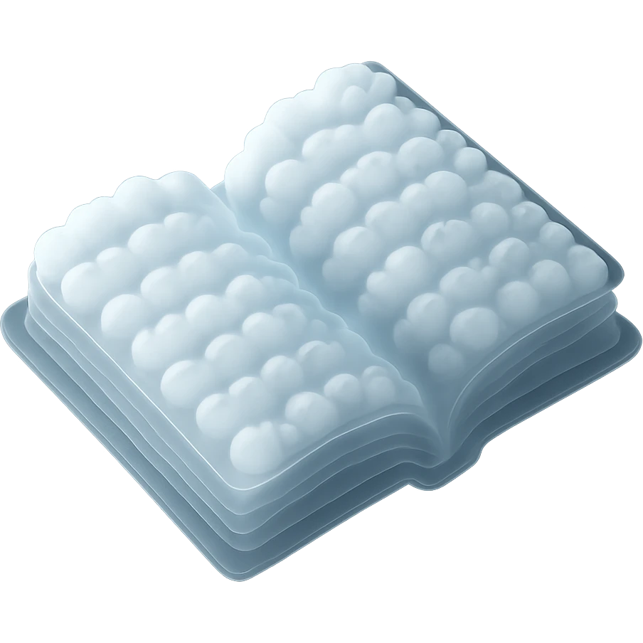 top view of a thick open book made entirely of small, very bright white fluffy convex clouds, matte glass style emoji