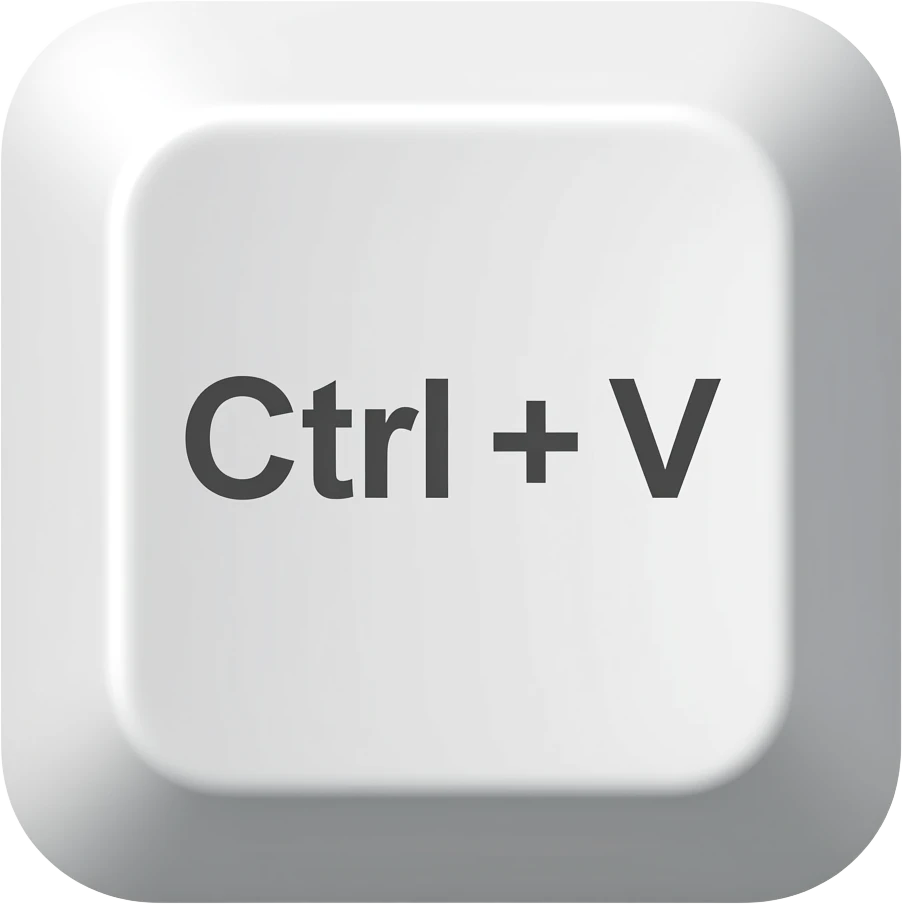 Minimal 3D emoji of a keyboard key with the text “Ctrl + V” clearly visible on the button, clean white keycap, modern tech aesthetic, soft shadows, centered composition, glossy emoji style, transparent background the same as previous ctrl + c emoji
