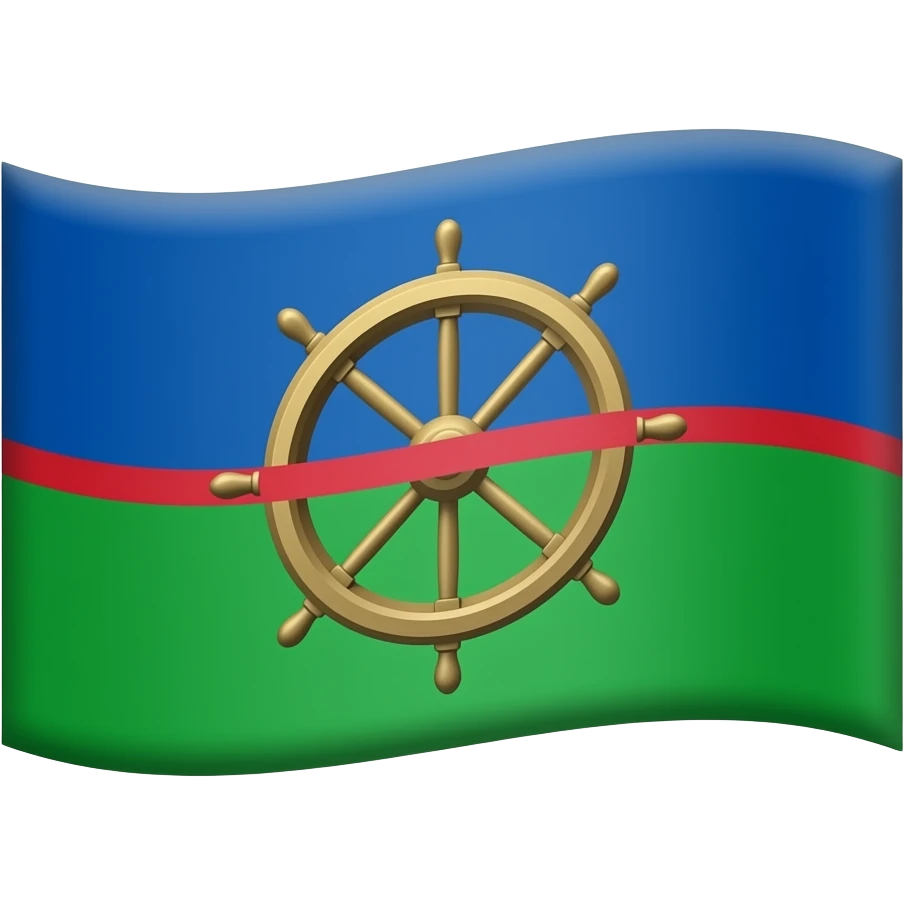 bandiera sinti sopra blu sotto verde con dentro una ruota antica senza nessun dettaglio con una linea orizzontale rossa che passa per il centro delle ruota e passa tutta la bandiera emoji