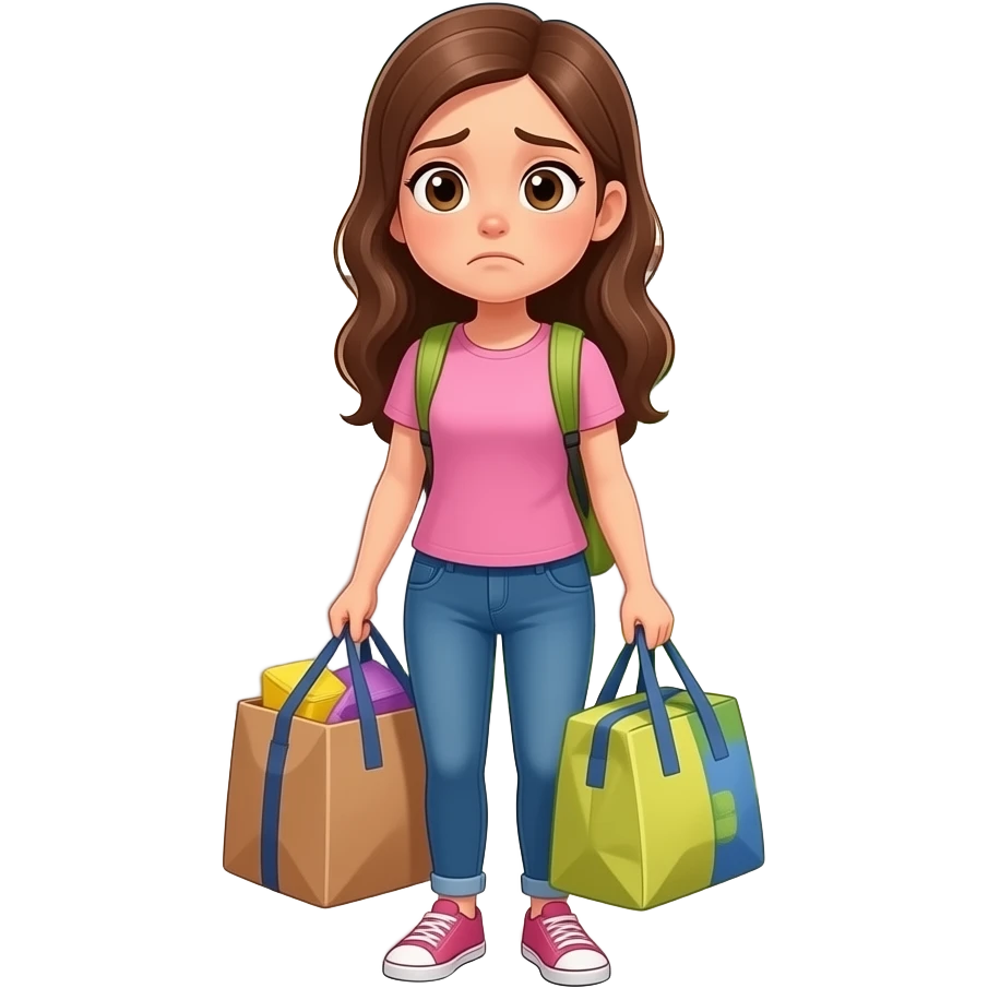 teen girl long hair, bored face outside with packing bags neighborhood looking back at car leaving emoji