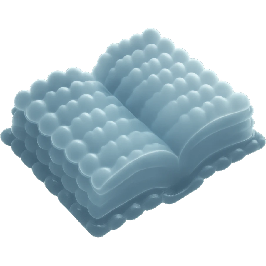top view of a thick open book made entirely of small, very bright white fluffy convex clouds, matte glass style emoji