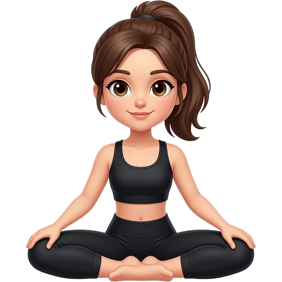 Girl dancers wearing black workout clothes, with brown hair brown eyes and  in ponytail, doing the middle split emoji