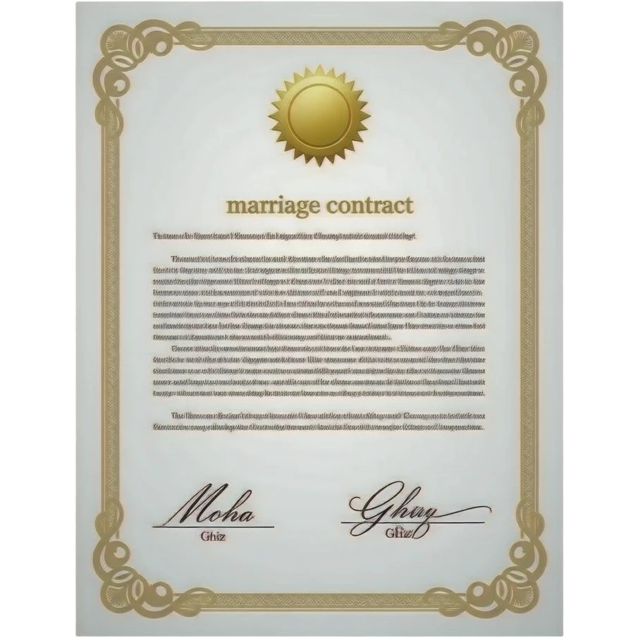 iOS-style emoji sticker of an official marriage contract, glossy 3D iOS emoji style, decorative document with signature lines and stamps, clearly showing “Moha” and “Ghiz” inside the contract text, centered, white/transparent background. emoji