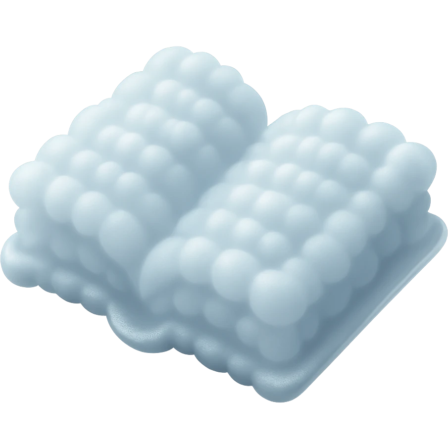 top view of a thick open book made entirely of small, very bright white fluffy convex clouds, matte glass style emoji