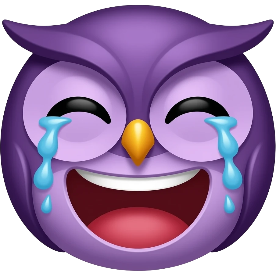 Prompt: Twitch emote of a purple owl face close-up, dark deep purple (#4B0082), dark fantasy style. Laughing expression, mouth wide open, eyes squeezed shut with tears of joy. Flat vector art, thick white outline, white background. Simple lines, square format. emoji