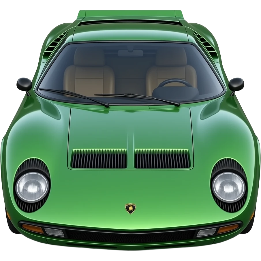 green metalli lamborghini miura front top, hyper real, highly detailed emoji