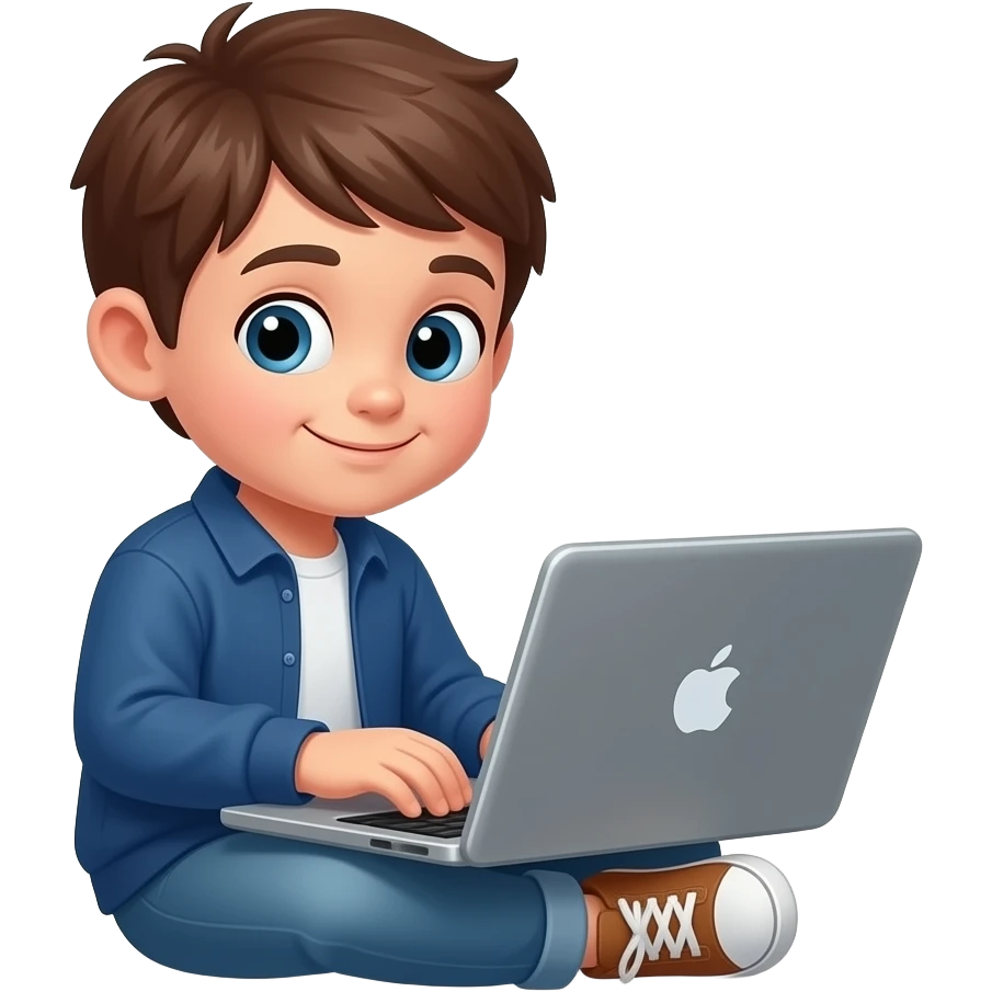 A little boy sitting ON his laptop while coding emoji