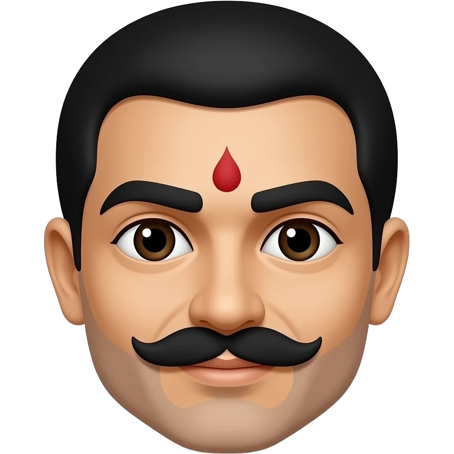 A black jont eyebrows with eyes no colors a red bindi and a moustache emoji
