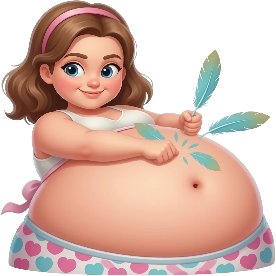 A girl with a huge bloated belly,now faces a battle with a feather that wants to tickle her bellybutton. emoji