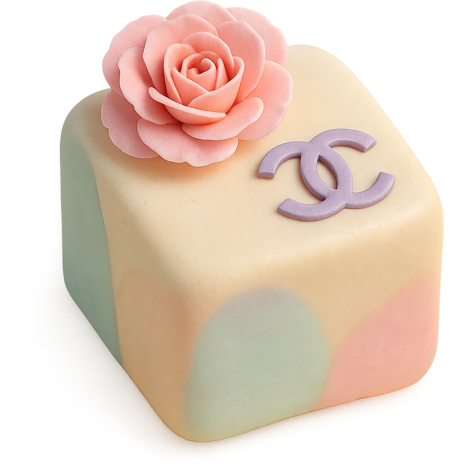 pastel Chanel petit four, with a pink camellia flower and logo emoji