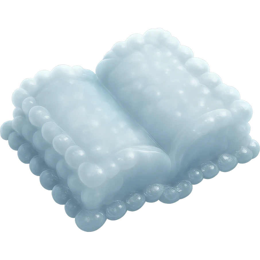 top view of a thick open book made entirely of small, very bright white fluffy convex clouds, matte glass style emoji