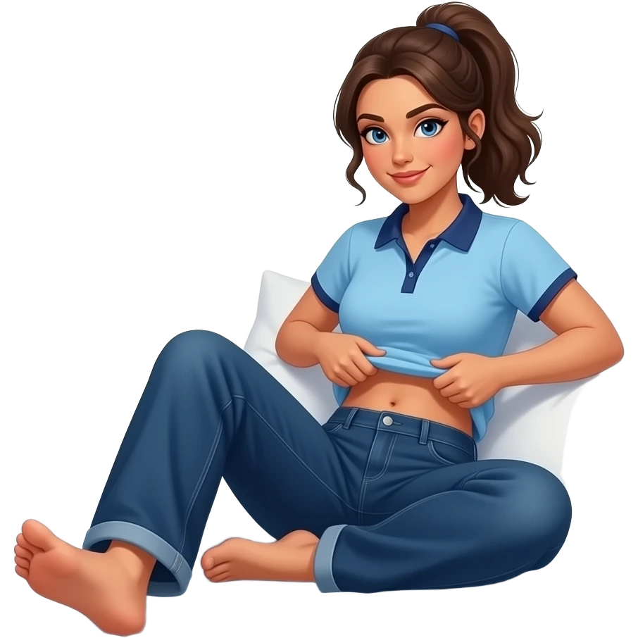 hispanic woman with brown ponytail and blue eyes light blue dark blue polo and dark blue baggy jeans and belly button lifting her shirt showing her feet laying in bed emoji