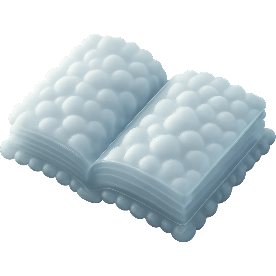 top view of a thick open book made entirely of small, very bright white fluffy convex clouds, matte glass style emoji