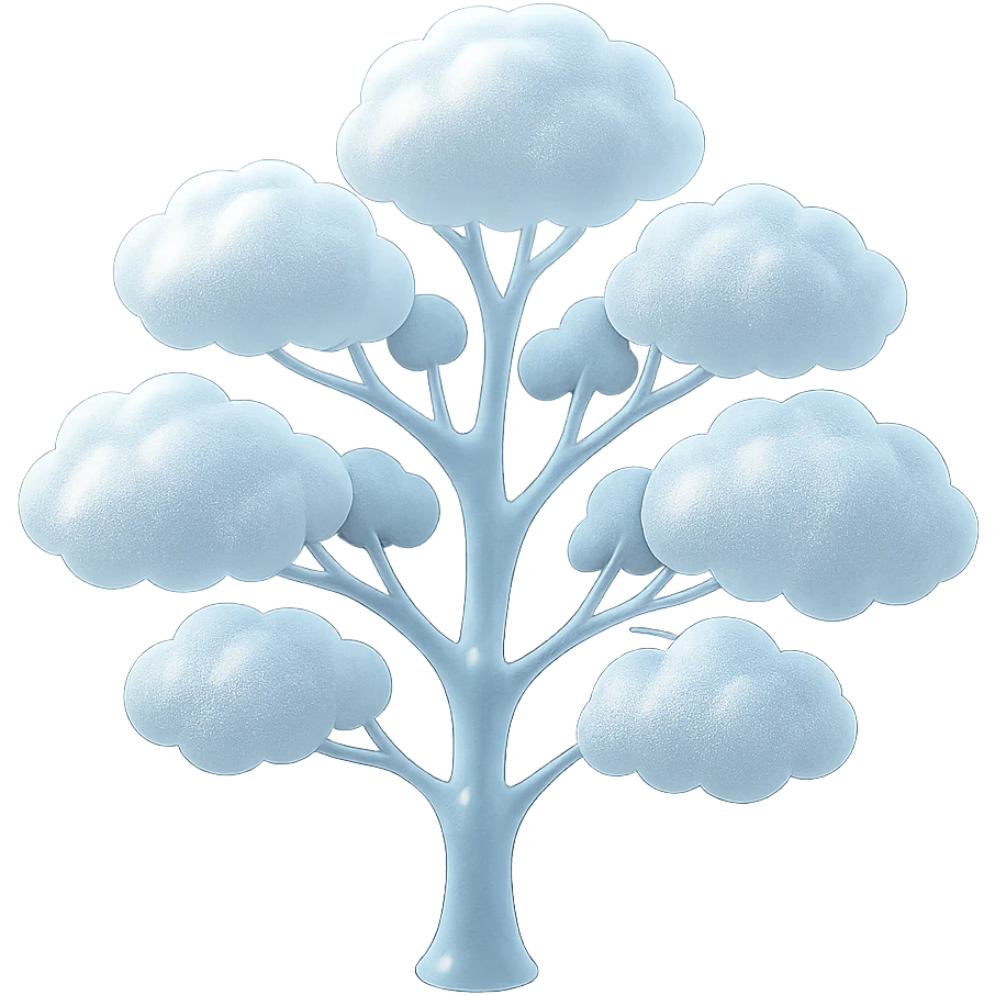 one tree with many branches and a white trunk, crown made of small very bright white fluffy convex clouds, matte glass style emoji