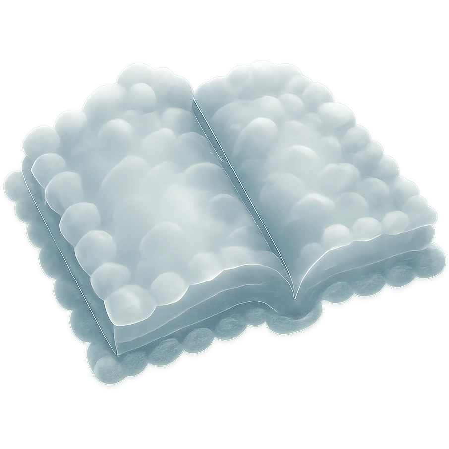 top view of a thick open book made entirely of small, very bright white fluffy convex clouds, matte glass style emoji