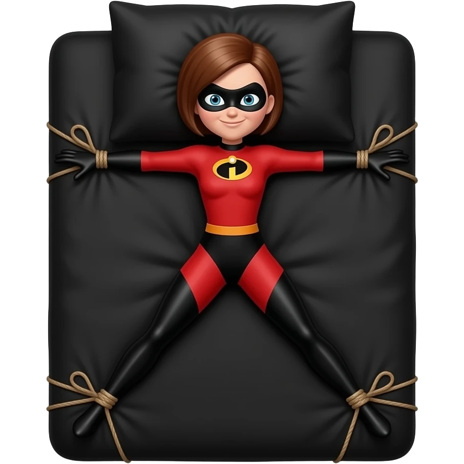 Helen Parr, Mrs. Incredible, Elastigirl, legs and arms spread, tied to the corners of a  black bed with a black pillow emoji
