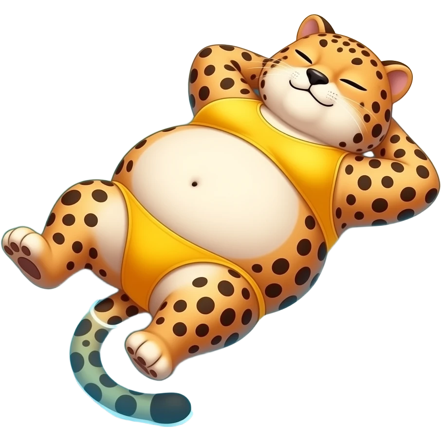 A cheetah enjoys beach holiday in her swimmers,but she is so full from a lunch break that she is about to burst,Then her fat Tummy rolls & drops out,she will just lay on her back in the shallow cool water,her gluttonous belly promotes a good resort business. emoji
