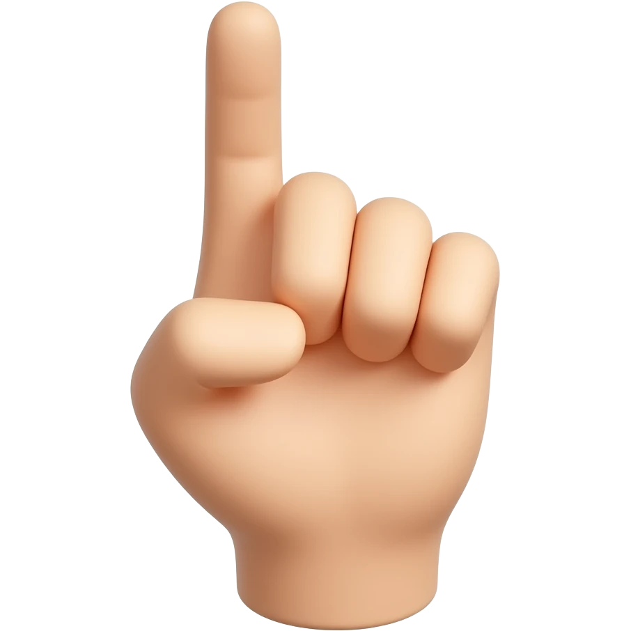 Apple iOS emoji-style 3D hand only, index finger pointing up and slightly inward as if poking a cheek, other fingers curled, thumb tucked, glossy rounded shading, clean light background, centered, minimal emoji icon style. emoji
