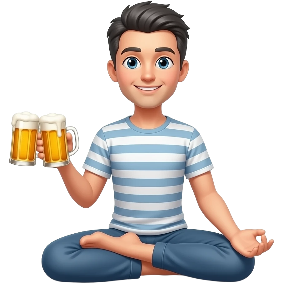tall skinny guy sitting in yoga pose, short dark grey hair, holding beer mugs in one hand emoji