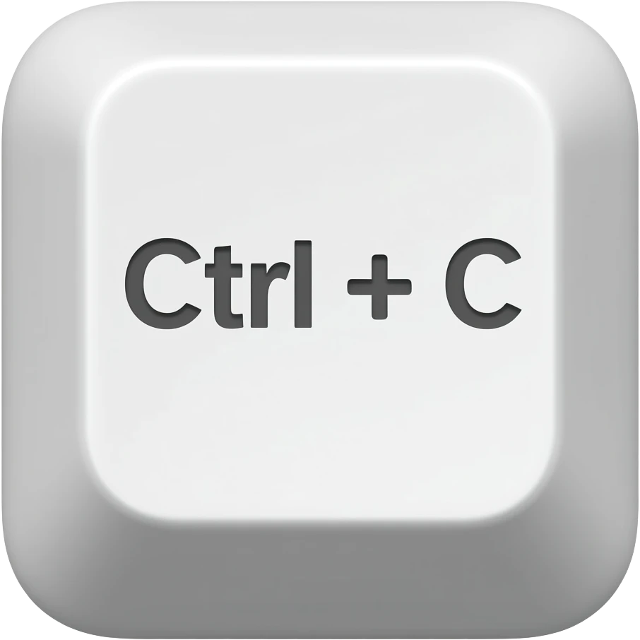 Minimal 3D emoji of a keyboard key with the text “Ctrl + C” clearly visible on the button, clean white keycap, modern tech aesthetic, soft shadows, centered composition, glossy emoji style, transparent background emoji