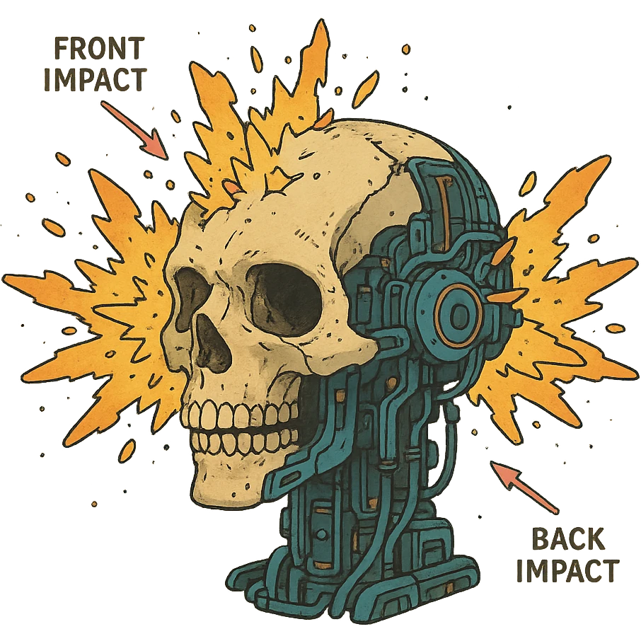 a skull exploding, diagram, front and back impact points, cyberpunk futuristic emoji