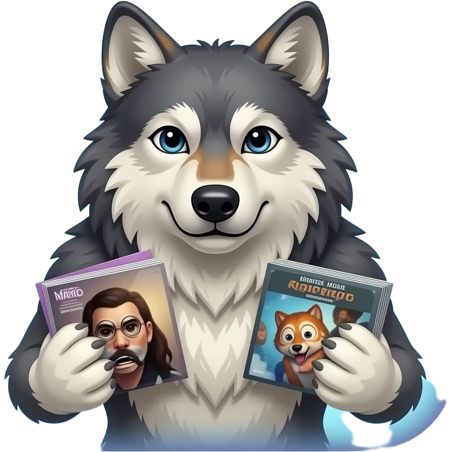rocky wolf with rock music albums in his hands rounded square outter form gradients emoji