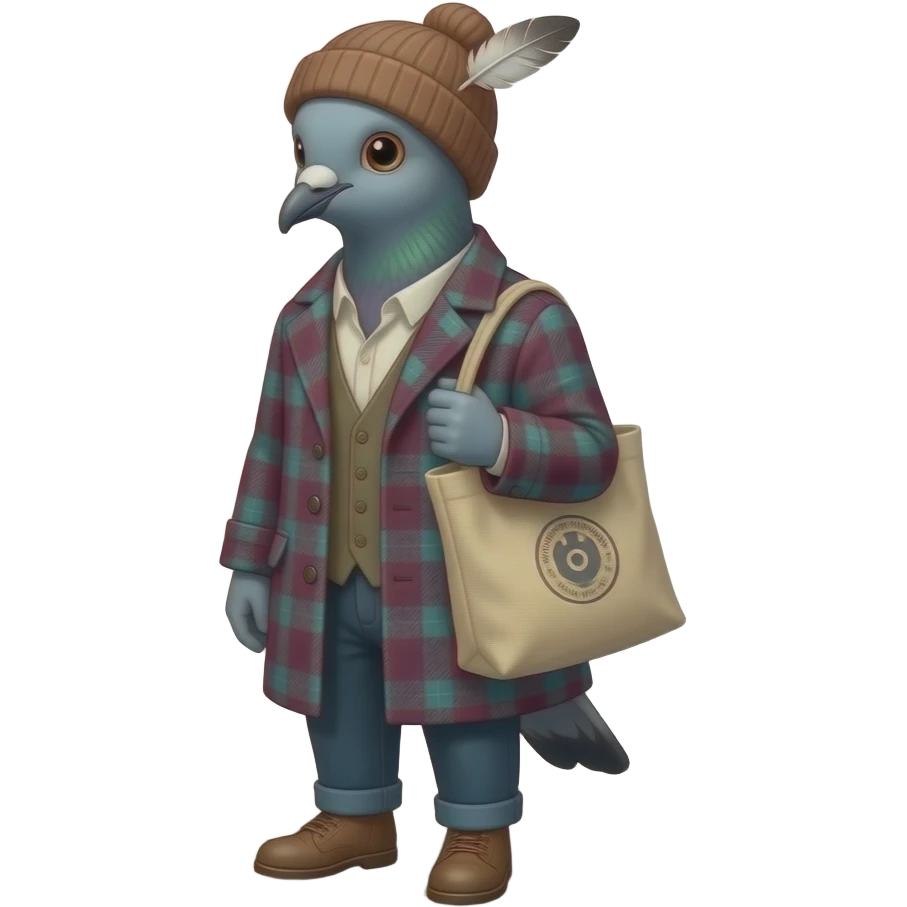 pidgeon wearing a hipster beanie and a plaid wool coat and carrying a hemp tote bag. emoji