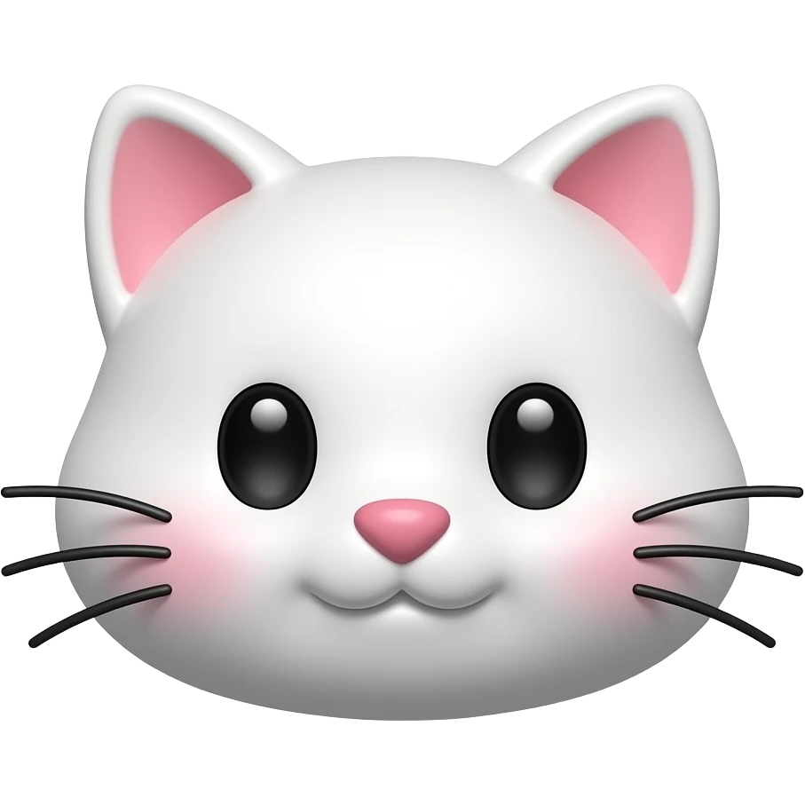 iOS-like 3D cat emoji icon, cute round face, small triangular ears, soft whiskers, tiny pink nose, big black eyes, chubby cheeks, soft glossy texture, clean white background, centered composition, minimal cute icon style. emoji