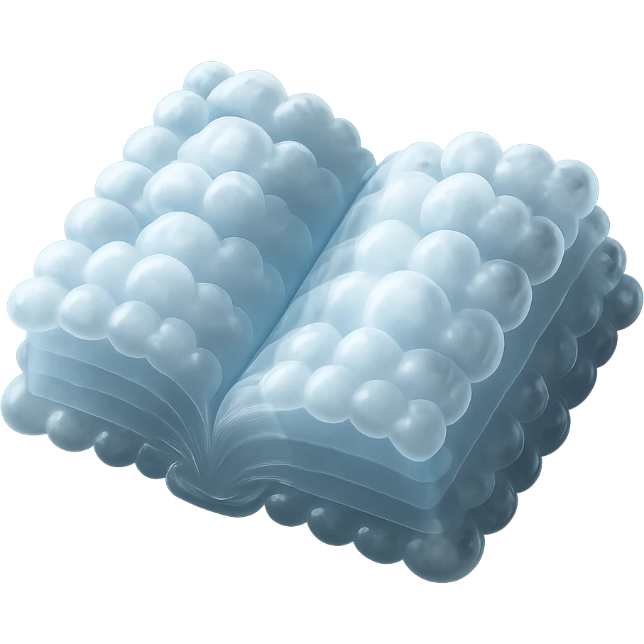 top view of a thick open book made entirely of small, very bright white fluffy convex clouds, matte glass style emoji