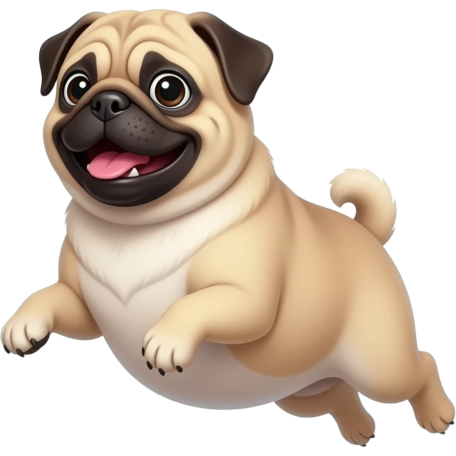 Crea un emoji de un perrito pug chiquito panzon y alegre volando emoji