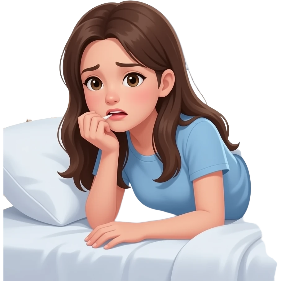 teen girl long hair, laying on bed, btitng nails anxiously, and the background is visble window visible, it is nighttime emoji