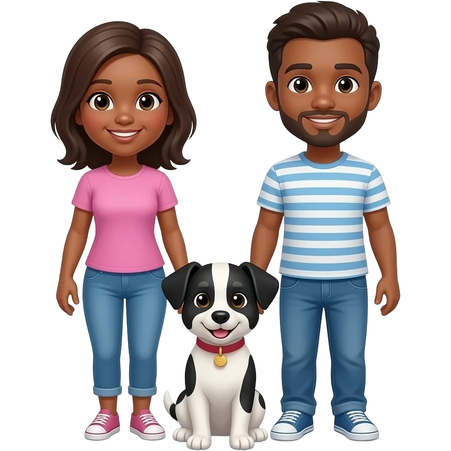 Casal moreno com cachorrinho preto e branco emoji