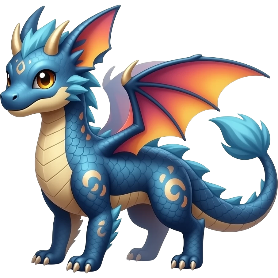 Beautiful pretty cool edgy elegant realistic Feral Rare Fantasy colorful vibrant Vernid-Trico-Haku-dragon-species-Fakemon-creature by LiLaiRa, random markings, tufted tail, tufted ears, full body emoji