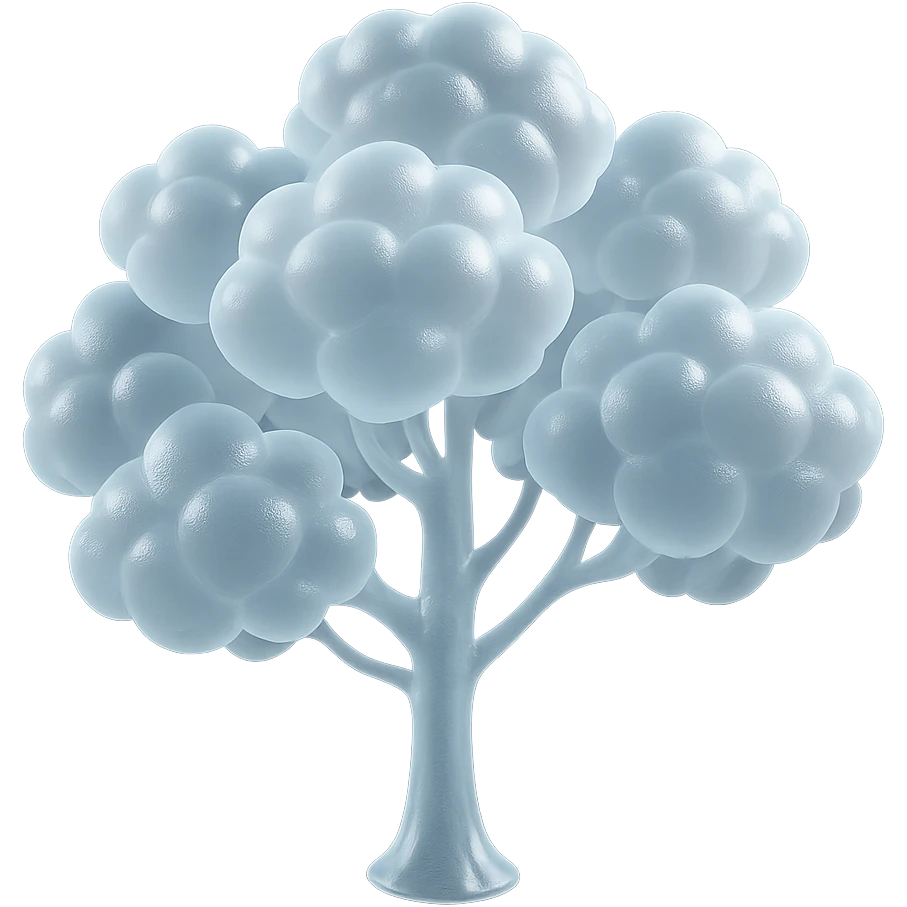 one tree with many branches and a white trunk, crown made of small very bright white fluffy convex clouds, matte glass style emoji