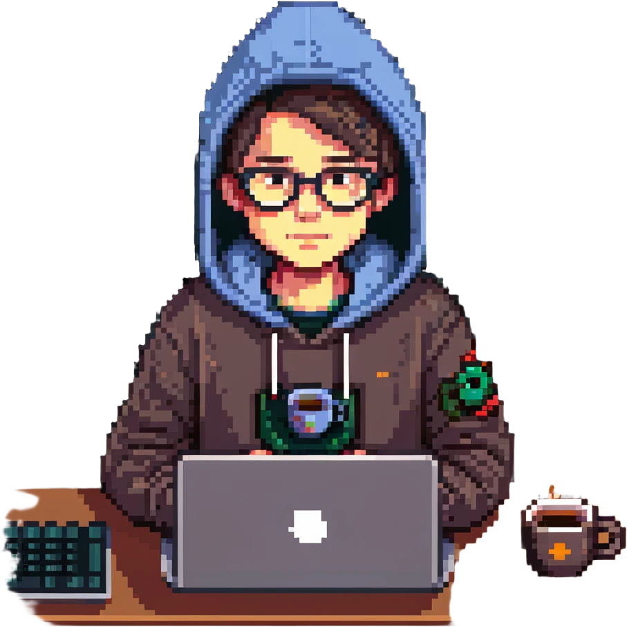 23-year-old programmer-entrepreneur, dynamic character with glasses, hoodie, startup stickers on laptop, surrounded by code and coffee, pixel art style emoji