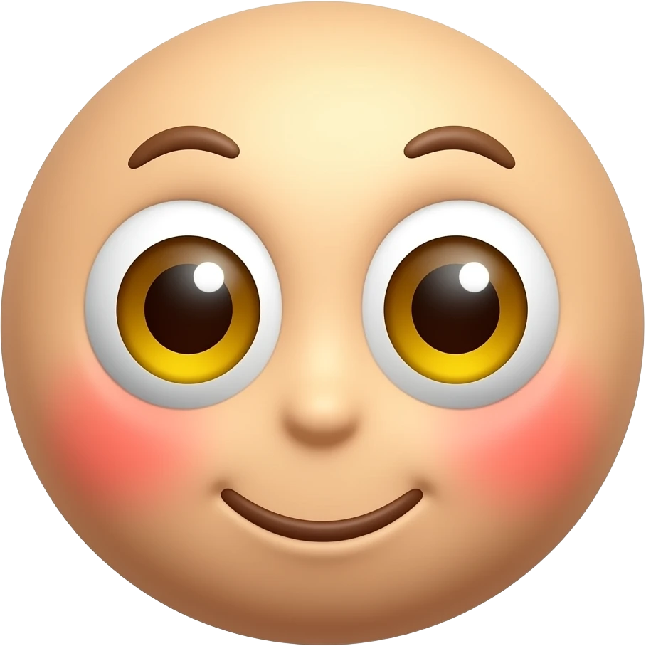빨간 얼굴의 홍조를 하고 있는 노란 눈알   갈색 동공의 귀여운 만화 입체적 이모티콘 emoji