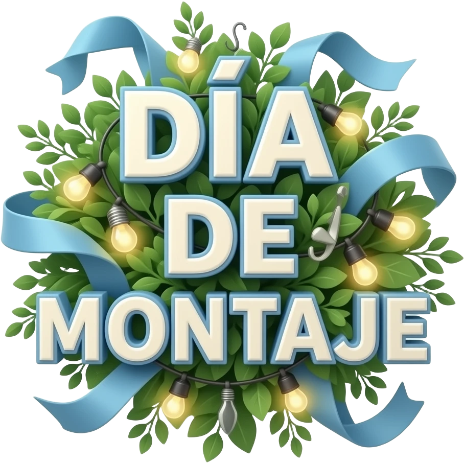 3D emoji of floating “DÍA DE MONTAJE” lettering in ivory with dusty ...
