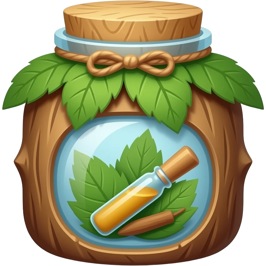 medicine in a glass jar made from tree bark and leaves emoji