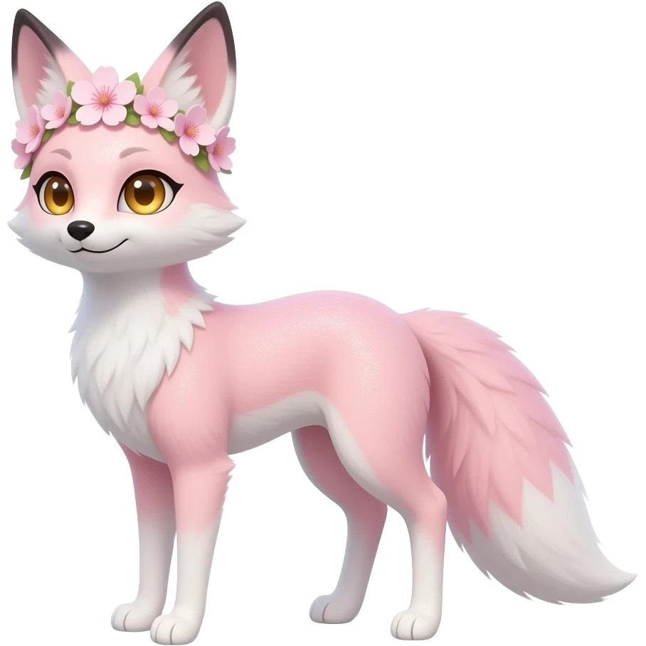 Elegant, flower-crowned Sakura petite tall thin realistic lanky scrawny fawny golden-eyed sparkling glittering pastel pink and white oriental Kitsune-fox, tall furry legs, long thin tail, long thin tufted ears swept backwards emoji
