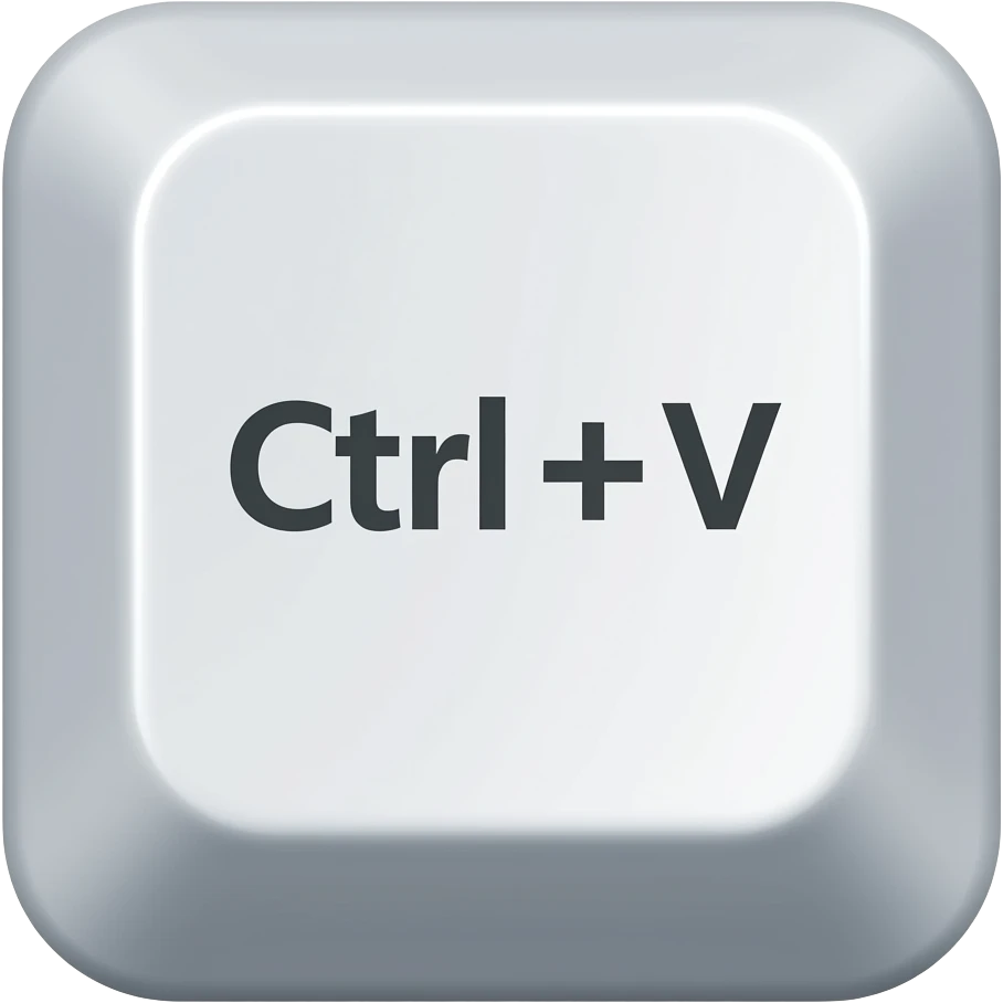 Minimal 3D emoji of a keyboard key with the text “Ctrl + V” clearly visible on the button, clean white keycap, modern tech aesthetic, soft shadows, centered composition, glossy emoji style, transparent background the same as previous ctrl + c emoji