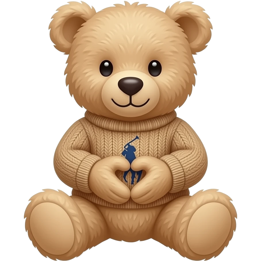 beige teddy bear in light brown ralph loren sweater hands joining forming a heart and seat emoji
