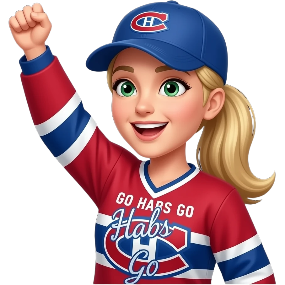 Green eyed Woman Cheering with arm in the air with blonde hair with pony tail, where Montreal Canadians cap and Go Habs Go written on jersey shirt. Put a black background emoji
