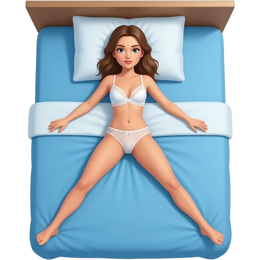 woman, in lacy white bra and panties, laying legs apart, on blue bed emoji