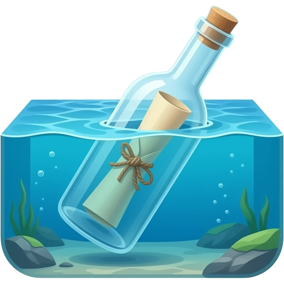 message rolled into itself with knot on the paper, in a bottle floating at sea. The sea is kinda a squared box from bottom to middle of image. No skybox no island emoji
